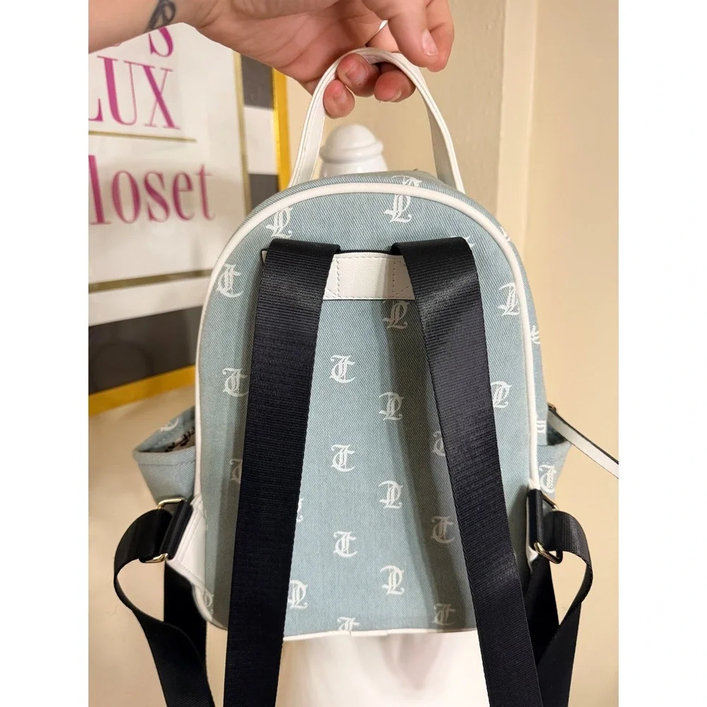 Juicy Couture Denim Mini Backpack Blue Monogram Y2K Style Gold Hardware Bag